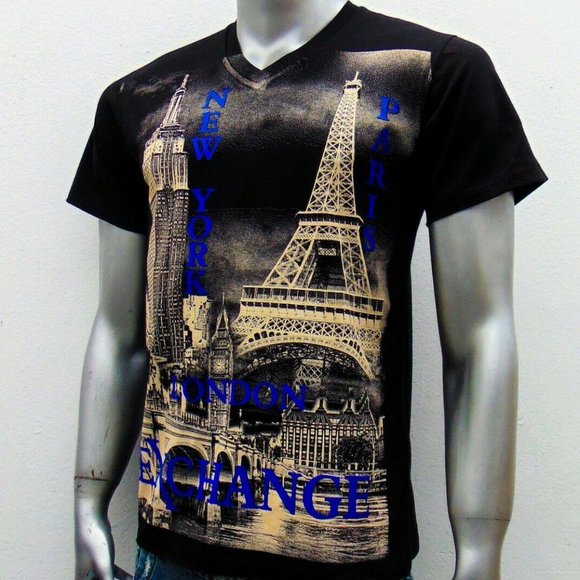 NWT EXCHANGE NEW YORK PARIS LONDON MENS BLACK V-NECK SHORT SLEEVE T-SHIRT SIZE S - Picture 4 of 4